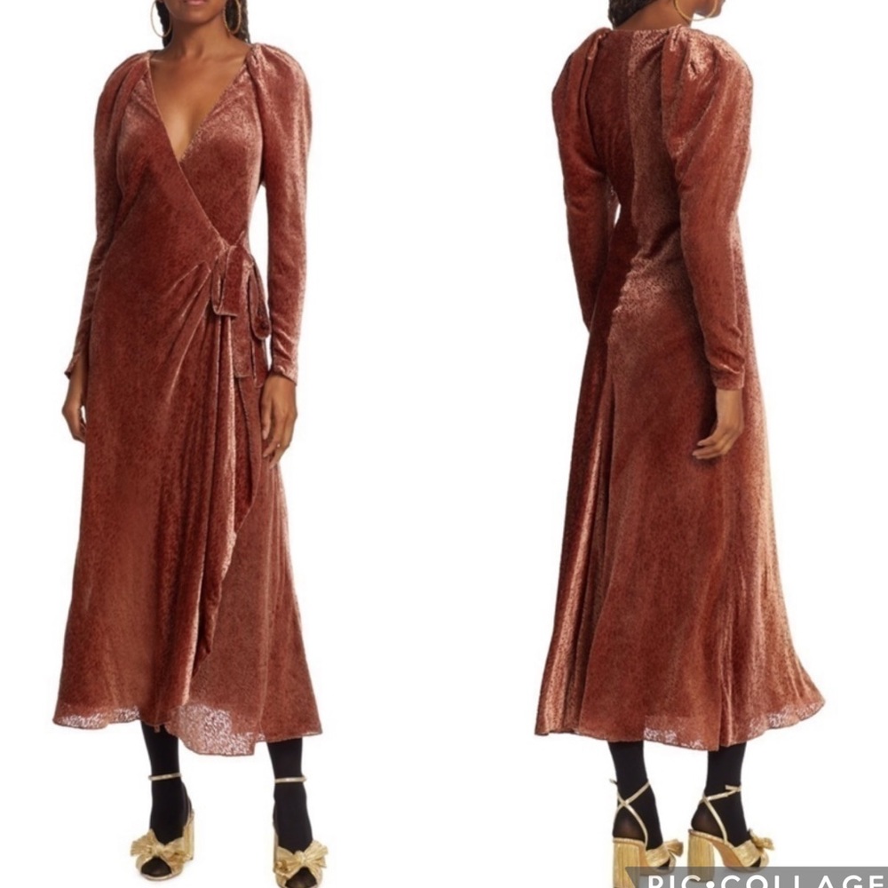 Tanya Taylor Copper Velvet Wrap Midi Dress